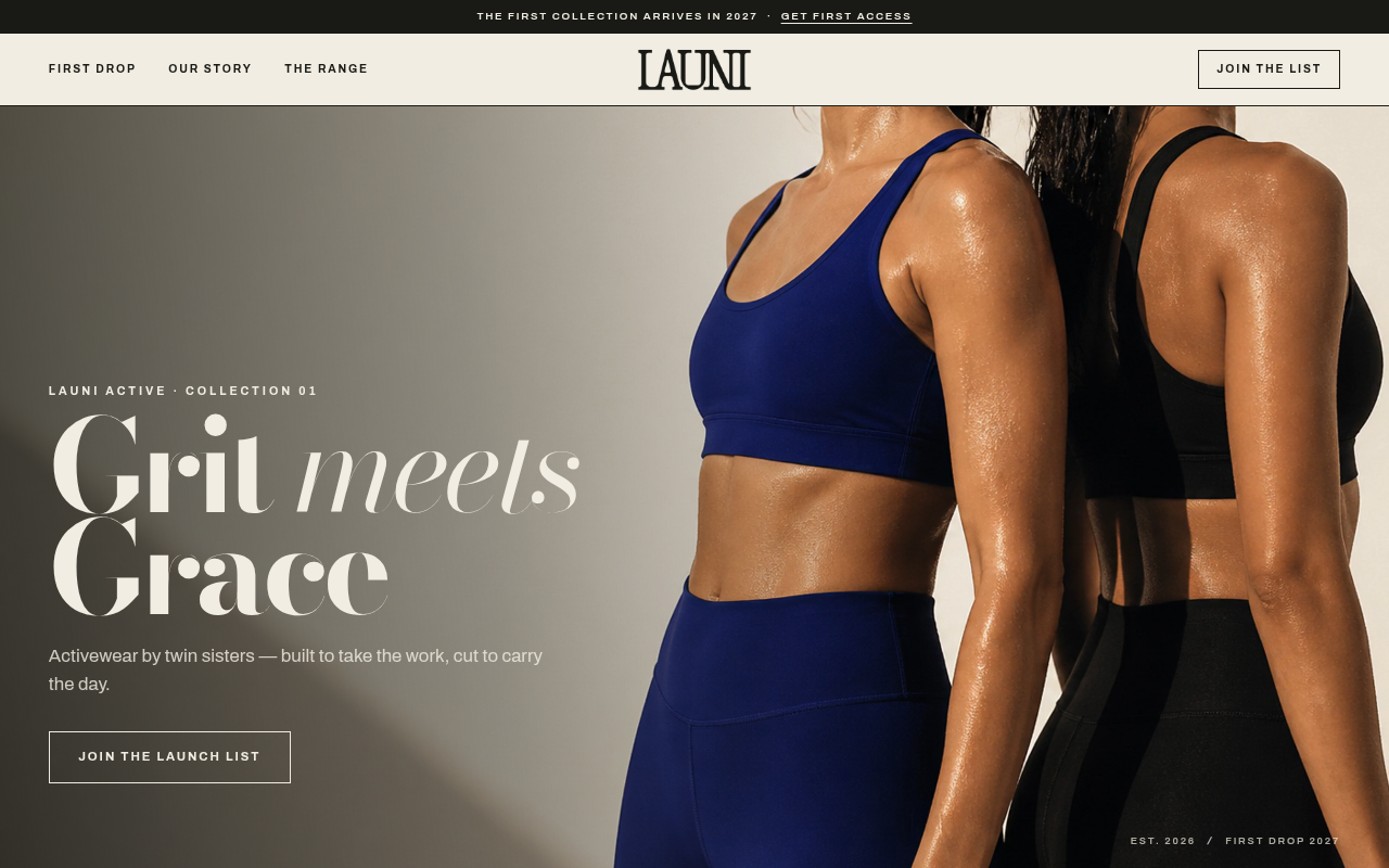 LAUNI Active pre-launch activewear brand website